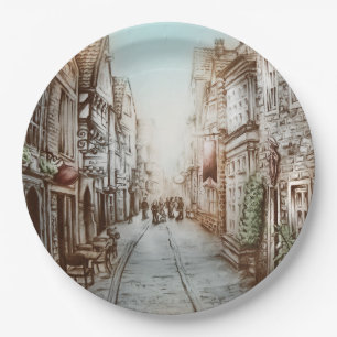 Streets of Paris, France - Pastoral Vintage Art Paper Plate