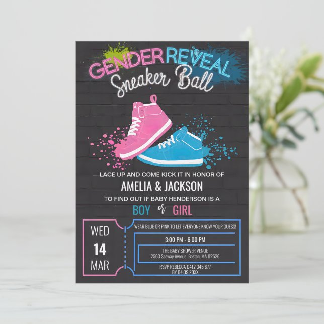 Streetwear gender reveal sneaker ball boy girl invitation (Standing Front)