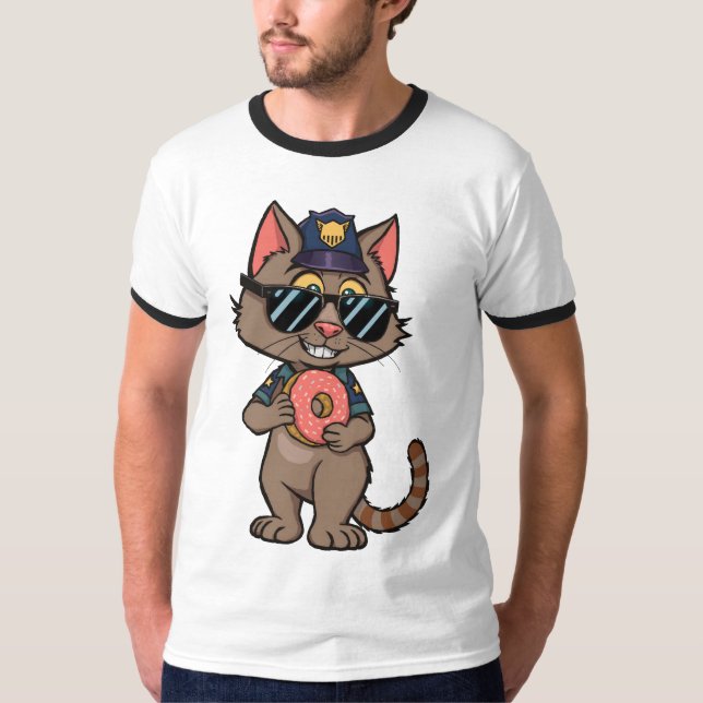 Streetwise Police Cat – 90s Cartoon Doughnut Cop T-Shirt (Front)
