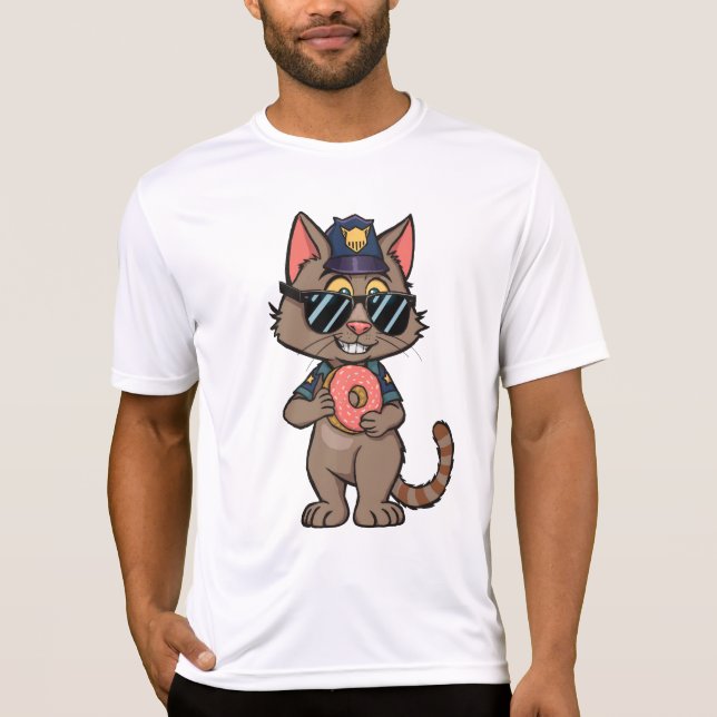 Streetwise Police Cat – 90s Cartoon Doughnut Cop T-Shirt (Front)