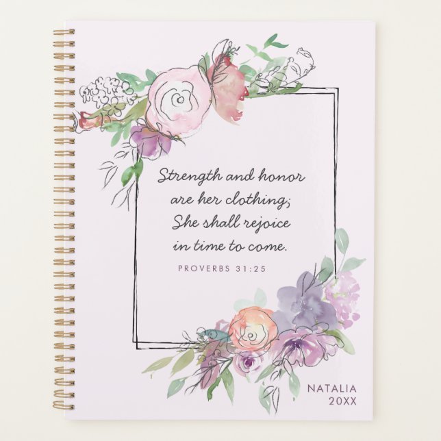 Strength & Honour Proverbs 31 Purple Floral Frame Planner (Front)