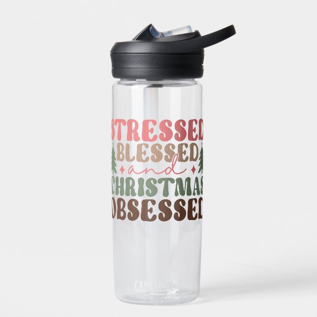 Stressed, Blessed, and Christmas Obsessed Water Bottle (Left)