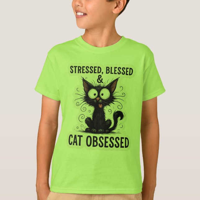 Stressed Blessed & Cat Obsessed Funny Black Cat De T-Shirt (Front)