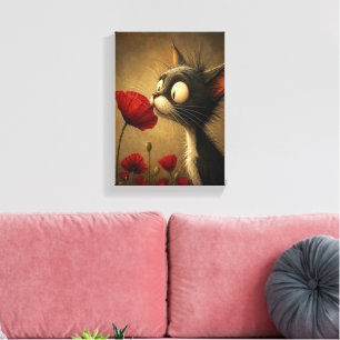 Stretched Canvas Print Cute Black Cat Red Flower