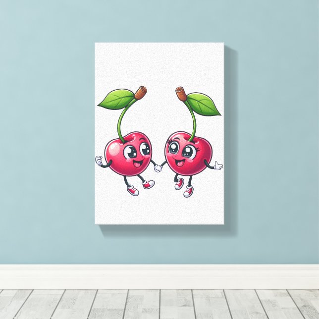 Stretched Canvas Print Cute Happy Cherry Couple (Insitu(Wood Floor))