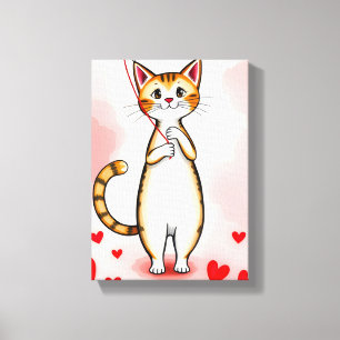 Stretched Canvas Print Cute Kitty Cat Red Hearts