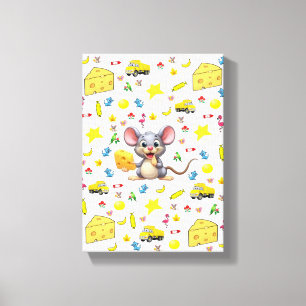 Stretched Canvas Print Cute Mouse Cheese Cat Stars