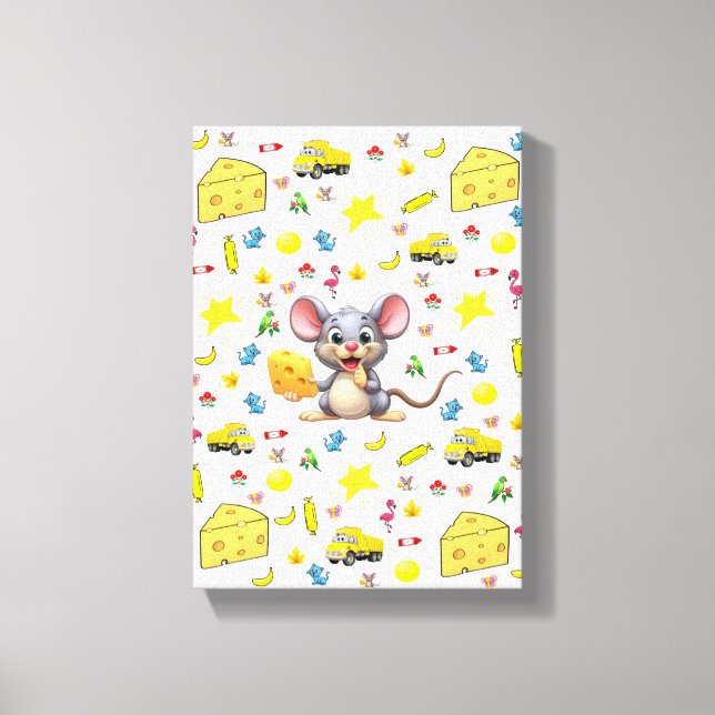 Stretched Canvas Print Cute Mouse Cheese Cat Stars (Front)