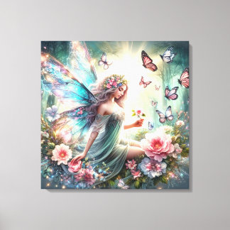 Stretched Canvas Print - Fairy, Flowers, Butterfly