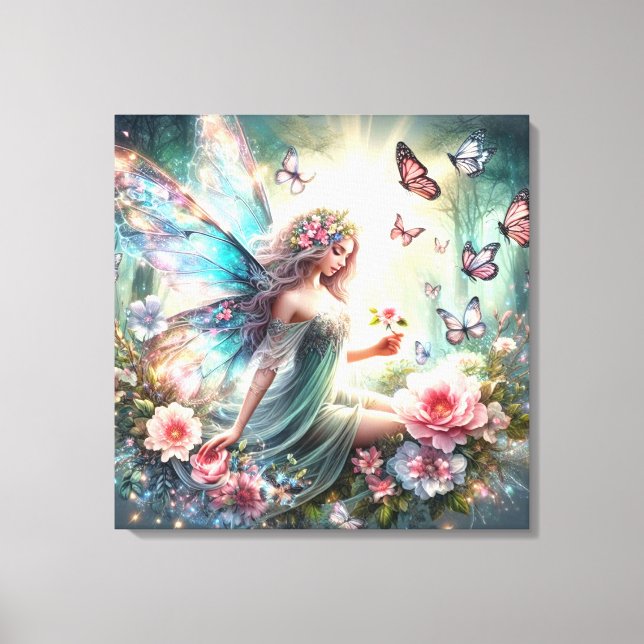 Stretched Canvas Print - Fairy, Flowers, Butterfly (Front)