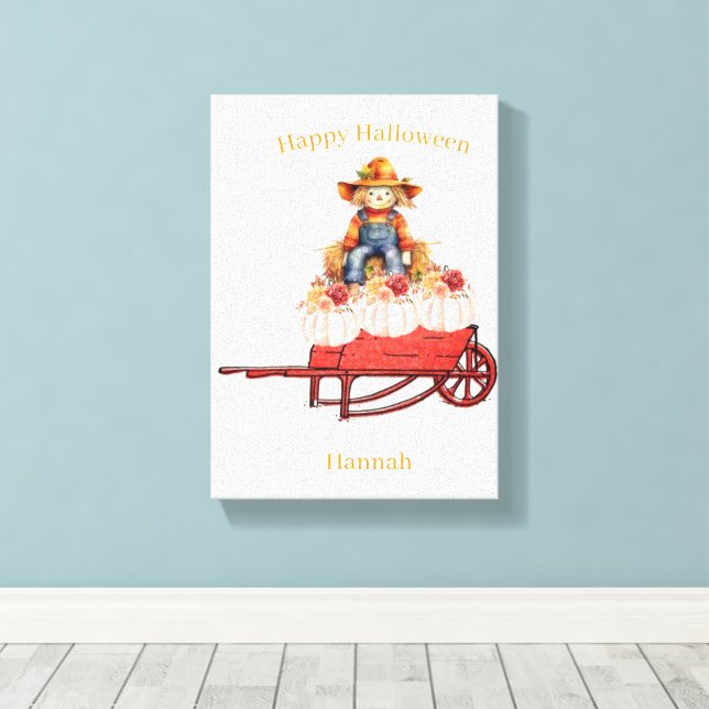 Stretched Canvas Print Halloween Scarecrow Pumpkin (Insitu(Wood Floor))