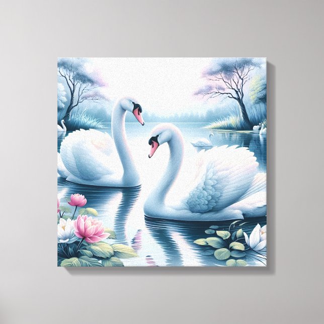 Stretched Canvas Print - Swans in a Waterlily Pond (Front)