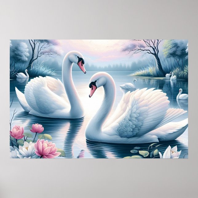 Stretched Canvas Print - Swans in a Waterlily Pond (Front)