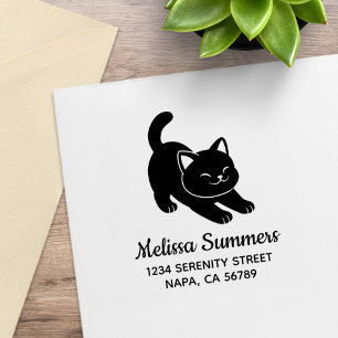 Stretching Black Cat Address Rubber Stamp
