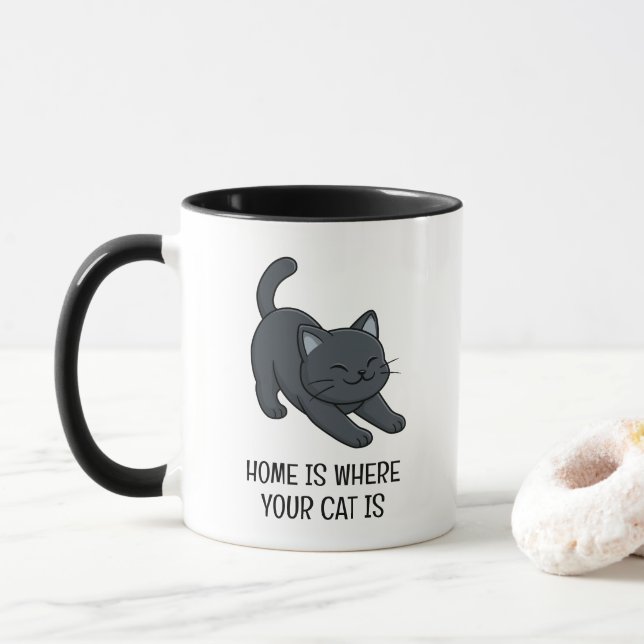 Stretching Black Cat Custom Text Mug (With Donut)