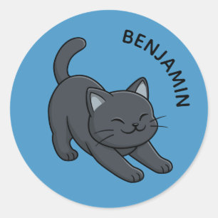 Stretching Black Cat on Blue Custom Name Classic Round Sticker