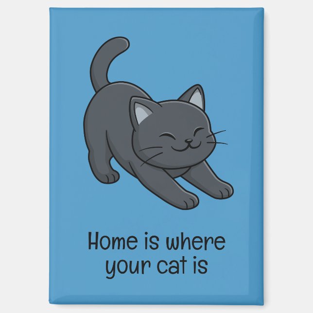 Stretching Black Cat on Blue Custom Text Magnet (Front)