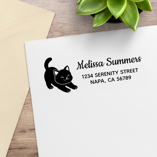 Stretching Black Cat Return Address Rubber Stamp (Creator Uploaded)