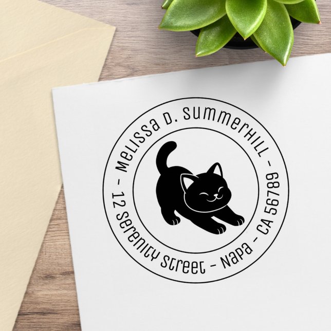 Stretching Black Cat Round Address Rubber Stamp (Creator Uploaded)