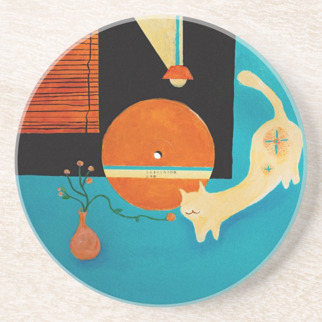 Stretching Cat Retro Record Illustration Coaster (Front)