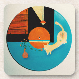 Stretching Cat Retro Record Illustration Coaster