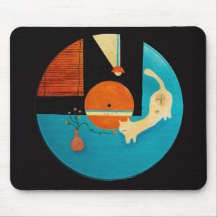 Stretching Cat Retro Record Illustration Mouse Pad