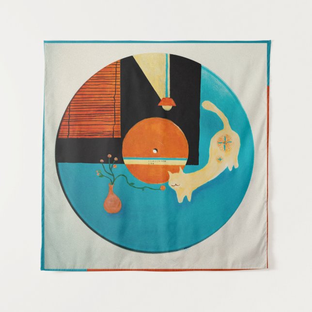 Stretching Cat Retro Record Illustration Tapestry (Front)