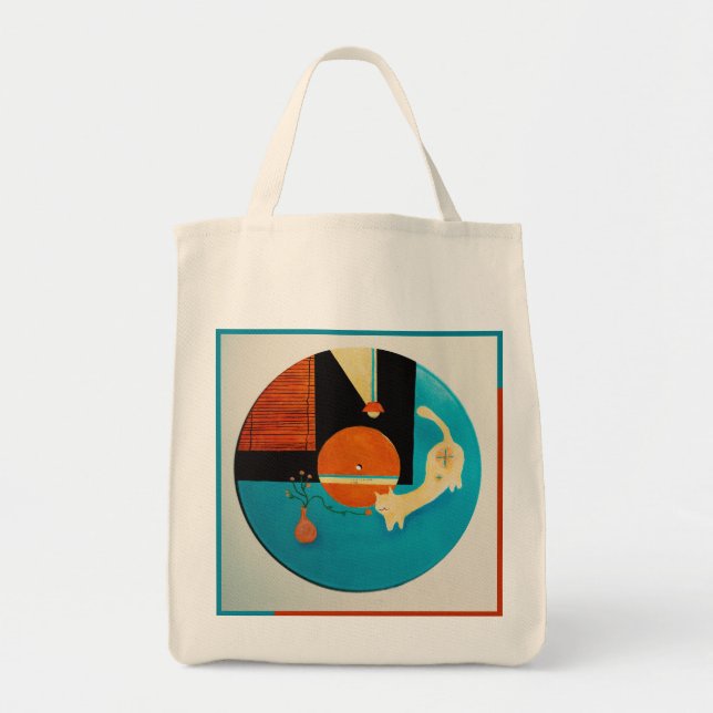Stretching Cat Retro Record Illustration Tote Bag (Front)