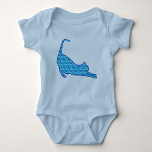 Stretching Cat Silhouette in a Blue Lotus Pattern Baby Bodysuit