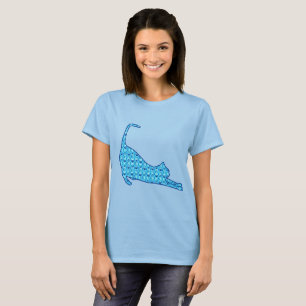 Stretching Cat Silhouette in a Blue Lotus Pattern T-Shirt