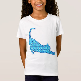 Stretching Cat Silhouette in a Blue Lotus Pattern T-Shirt