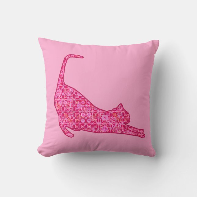 Stretching Cat Silhouette in Fuchsia Pink Batik Cushion (Front)