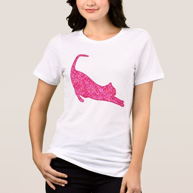 Stretching Cat Silhouette in Fuchsia Pink Batik Tri-Blend Shirt (Front)