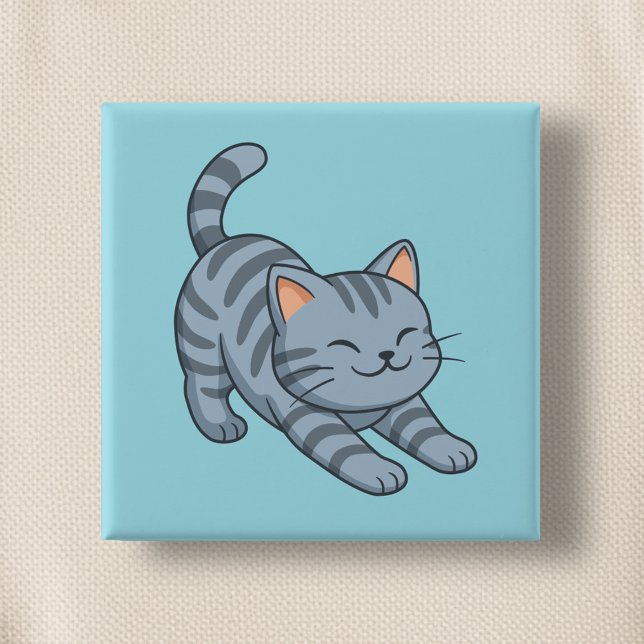 Stretching Grey Tabby Cat Blue 15 Cm Square Badge (Creator Uploaded)