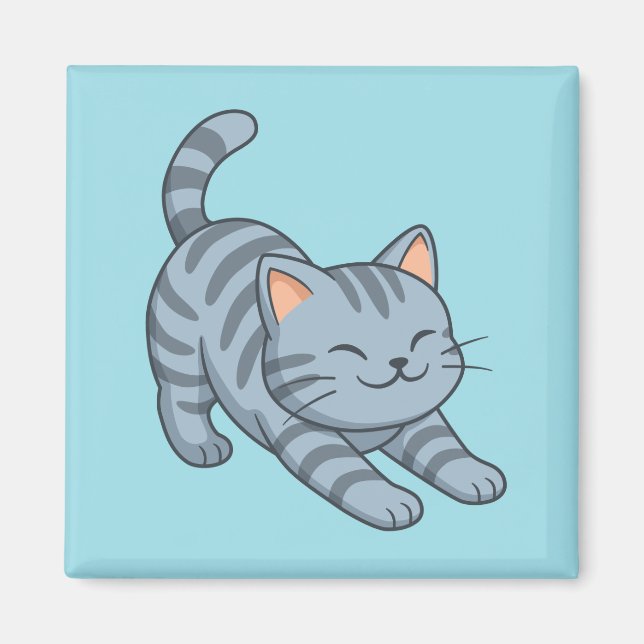 Stretching Grey Tabby Cat Blue Magnet (Front)
