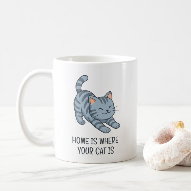 Stretching Grey Tabby Cat Custom Text Coffee Mug (With Donut)