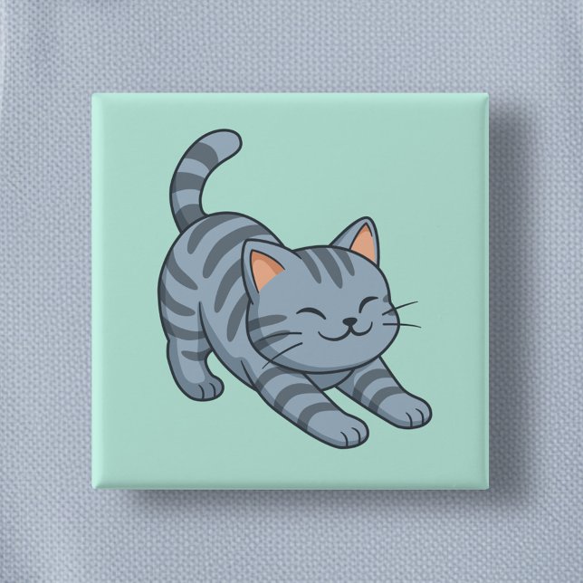 Stretching Grey Tabby Cat Green 15 Cm Square Badge (Creator Uploaded)