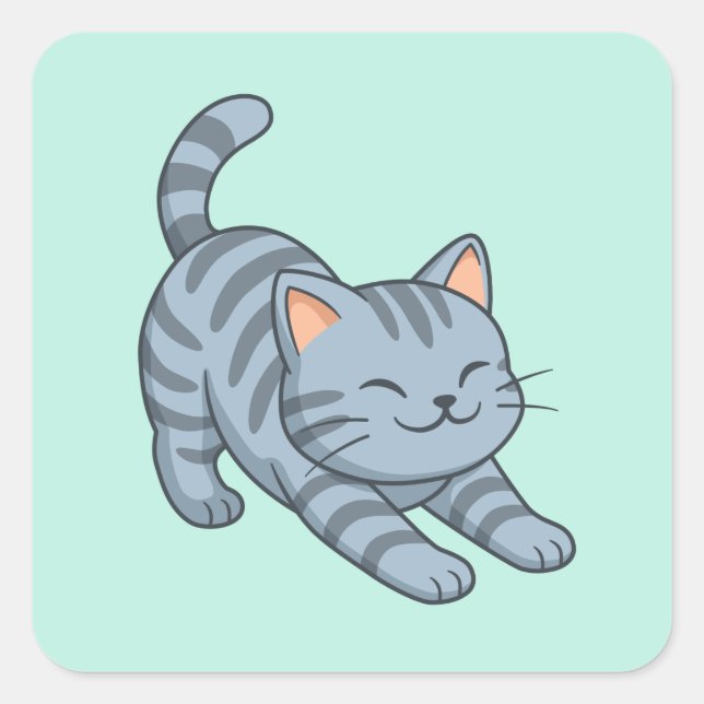 Stretching Grey Tabby Cat Green Square Sticker (Front)