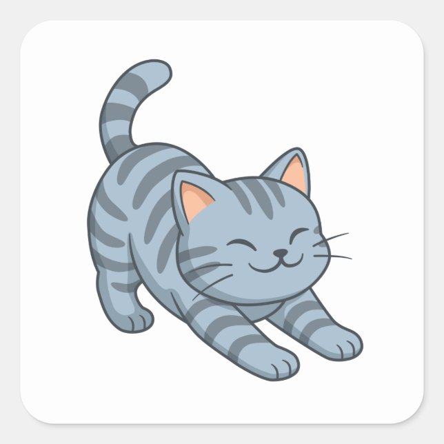 Stretching Grey Tabby Cat Square Sticker (Front)