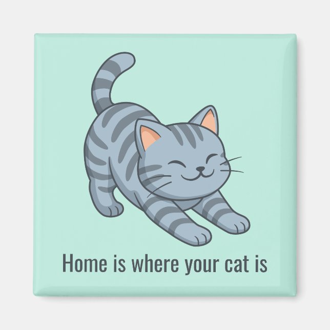 Stretching Grey Tabby Green Cat Custom Text Magnet (Front)