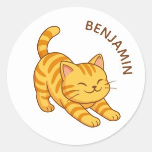 Stretching Orange Tabby Cat Custom Name Classic Round Sticker