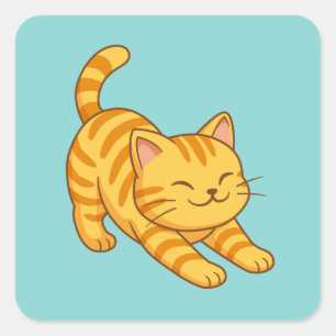 Stretching Orange Tabby Cat Green Square Sticker