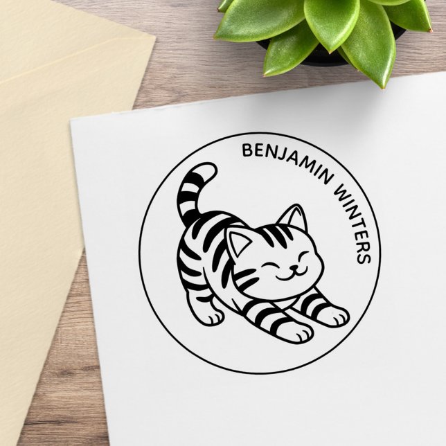 Stretching Tabby Cat Custom Text Rubber Stamp (Creator Uploaded)