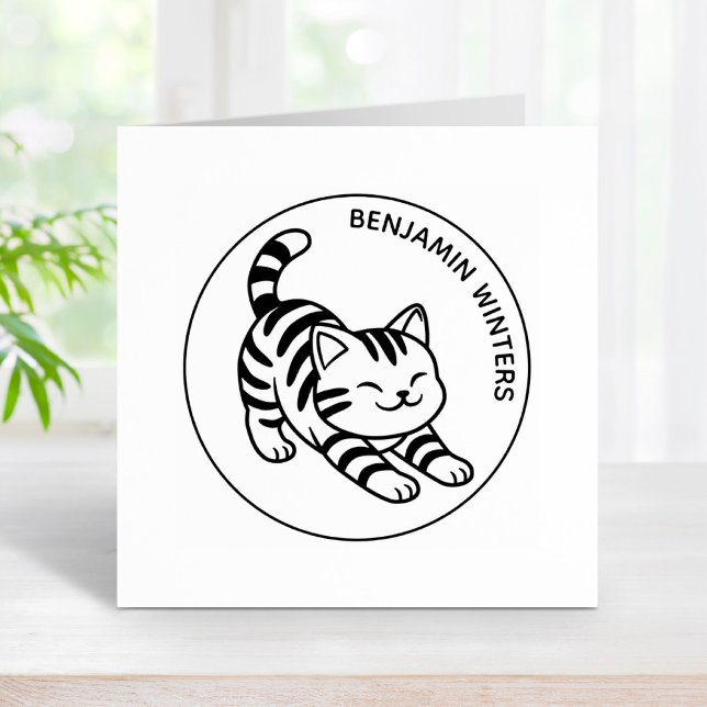Stretching Tabby Cat Custom Text Rubber Stamp (Creator Uploaded)