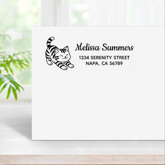 Stretching Tabby Cat Return Address Rubber Stamp