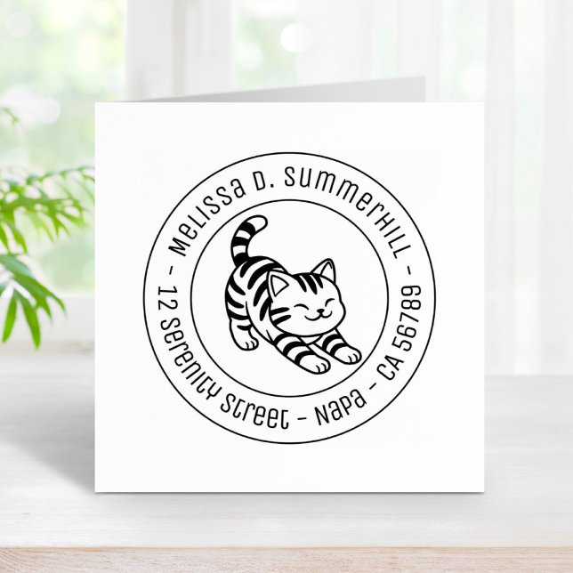 Stretching Tabby Cat Round Address Rubber Stamp (Creator Uploaded)