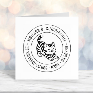 Stretching Tabby Cat Round Address Self-inking Stamp