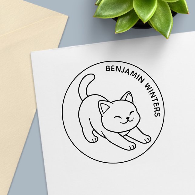 Stretching White Cat Custom Text Self-inking Stamp (Creator Uploaded)
