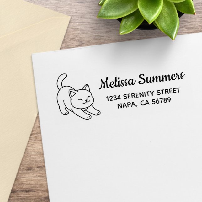 Stretching White Cat Return Address Rubber Stamp (Creator Uploaded)