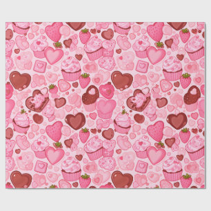 Strewberry Heart Cupcake Valentine Seamless Wrapping Paper